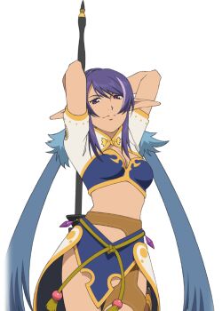 Rule 34 | 1girl, artist request, blue hair, breasts, closed mouth, cowboy shot, game cg, holding, holding behind back, holding polearm, holding polearm behind back, holding weapon, holding weapon behind back, judith (tales), lance, large breasts, long hair, looking at viewer, midriff, multicolored hair, official art, pointy ears, polearm, purple eyes, purple hair, solo, tales of (series), tales of asteria, tales of vesperia, third-party source, transparent background, twintails, two-tone hair, very long hair, weapon