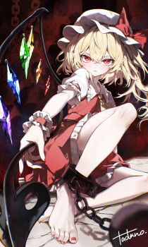 1girl absurdres ascot ball_and_chain_restraint barefoot blonde_hair collared_shirt commentary_request crystal crystal_wings flandre_scarlet frilled_shirt_collar frilled_skirt frills hat highres holding holding_weapon laevatein_(touhou) long_hair looking_at_viewer mob_cap multicolored_wings one_side_up pointy_ears puffy_short_sleeves puffy_sleeves red_eyes red_nails red_skirt red_vest shirt short_sleeves signature skirt skirt_set solo tadano1129 toes touhou vest weapon white_hat white_shirt wings wrist_cuffs yellow_ascot