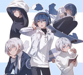2boys alternate_costume arms_up black_hairband black_pants blue_eyes blue_hair blue_necktie blush book cup grey_hair hair_between_eyes hairband heterochromia highres holding holding_cup holding_skateboard hood hood_down hoodie jacket lella_nyam long_sleeves male_focus metaphor:_refantazio mug multiple_boys multiple_views necktie one_eye_closed open_clothes open_jacket open_mouth pants protagonist_(metaphor:_refantazio) rabbit ribbed_sweater simple_background skateboard sweater the_prince_(metaphor:_refantazio) turtleneck turtleneck_sweater undressing white_hoodie white_sweater