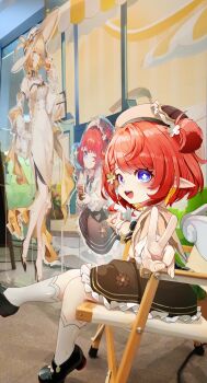 Rule 34 | 1girl, absurdres, aglaea (honkai: star rail), aglaea (mom's touch) (honkai: star rail), beret, black shoes, black skirt, blue eyes, chair, commentary, cross-shaped pupils, hat, highres, honkai: star rail, honkai (series), jelmul, looking at viewer, official alternate costume, on chair, open mouth, photo background, pointy ears, red hair, shirt, shoes, short hair, sitting, skirt, socks, solo, symbol-shaped pupils, tribbie (honkai: star rail), tribbie (mom's touch) (honkai: star rail), v, white shirt, white socks