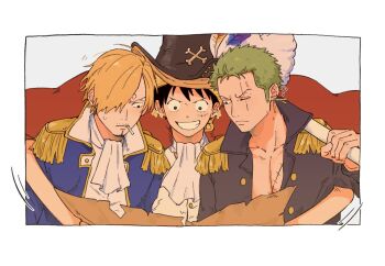 3boys ascot black_coat blonde_hair blue_coat border cape cigarette coat collared_shirt commentary epaulettes green_hair grin hair_over_one_eye hat hat_feather highres holding holding_map iqracha male_focus map map_(object) monkey_d._luffy multiple_boys one_piece pectoral_cleavage pectorals pirate_hat red_cape roronoa_zoro sanji_(one_piece) scar scar_across_eye scar_on_face shirt short_hair sideburns smile smoking symbol-only_commentary white_ascot white_border