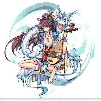 1girl anklet bell benzaiten_(himegami_kagura) biwa_lute blue_eyes blue_skirt breasts brown_hair closed_mouth dragon eastern_dragon full_body hair_ornament high_ponytail highres himegami_kagura holding holding_instrument indian_style instrument japanese_clothes jewelry kanzashi kimono large_breasts long_hair lute_(instrument) ms06s necklace official_art open_clothes open_kimono ponytail second-party_source simple_background sitting skirt smile solo tachi-e underbust watermark white_background