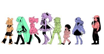6+girls :o ahoge arm_tattoo backpack backwards_hat bag bandaged_arm bandages baseball_cap boots buttons cevio child closed_eyes closed_mouth collared_shirt commentary_request detached_sleeves dress drill_hair fishnets flower_(vocaloid) flower_(vocaloid3) gloves goggles goggles_on_head gumi hair_ornament hairclip hand_up hat hatsune_miku headphones highres hood hood_down hoodie jacket kaai_yuki kafu_(cevio) kagamine_rin kasane_teto kasane_teto_(utau) leg_up leg_warmers long_hair looking_at_another medium_hair midriff multicolored_hair multiple_girls necktie open_mouth page_number pants pinafore_dress pleated_skirt randoseru rice_deity sailor_collar school_uniform serafuku shirt shoes short_hair short_hair_with_long_locks shorts simple_background skirt sleeveless sleeveless_dress smile spot_color streaked_hair sweat synthesizer_v tattoo thigh_boots thighhighs twin_drills twintails utau vimalion_pro vocaloid walking white_background yi_xi_(synthesizer_v)