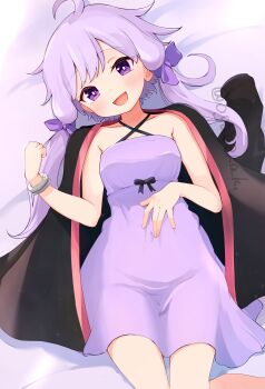 1girl absurdres ahoge blush breasts dress highres jacket jacket_on_shoulders long_hair looking_at_viewer low_twintails lying ogaoekaki on_back open_mouth purple_dress purple_eyes purple_hair see-through_silhouette small_breasts smile solo twintails vocaloid voiceroid yuzuki_yukari