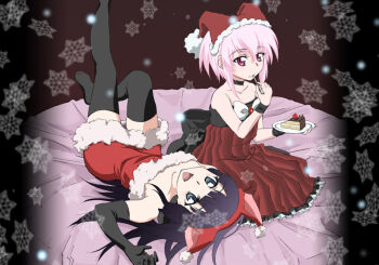 00s 2girls animal_ears artemis artemis_(tsukuyomi) bed black_gloves blue_eyes cake cat_ears christmas eating elbow_gloves fang food gloves hat hazuki_(tsukuyomi) jester_cap long_hair multiple_girls pastry pink_eyes pink_hair purple_hair santa_costume short_hair thighhighs tsukuyomi_moonphase yomi_(indigoriver) zettai_ryouiki