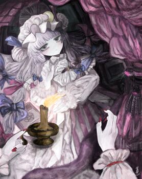 2girls absurdres blunt_bangs candlestand commentary_request crescent crescent_hat_ornament curtains dress expressionless hair_ribbon hat hat_ornament highres holding_candlestand long_hair long_sleeves lying mob_cap multiple_girls nail_polish on_bed patchouli_knowledge pov purple_eyes purple_hair red_nails remilia_scarlet ribbon robe signature striped_clothes striped_dress touhou twitter_username white_robe xeu_6