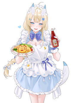 1girl absurdres ahoge apron blonde_hair blue_dress blue_eyes blue_horns bottle bow bowtie breasts cleavage commentary_request cowboy_shot dress flower_hairpin food frilled_apron frilled_dress frilled_hairband frills gfpebs hair_ornament hairband hairclip half-closed_eyes hands_up heart highres holding holding_bottle holding_plate horns kadou_mikaru long_hair maid multicolored_horns nijisanji omelet omurice parallel_hairclips parted_lips plate purple_bow purple_bowtie simple_background solo tail teeth two-tone_dress two-tone_horns upper_teeth_only virtual_youtuber white_apron white_background white_bow white_dress white_horns