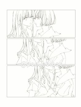 2girls commentary_request greyscale hand_in_another&#039;s_hair hand_on_another&#039;s_arm highres imminent_kiss long_hair monochrome multiple_girls neckerchief original parted_lips ponumula school_uniform serafuku short_hair smile twitter_username yuri