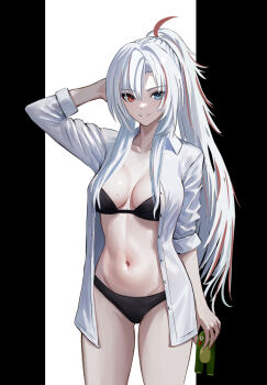 1girl alpha_(pgr) alternate_costume bikini black_background black_bikini black_bra bra breasts commentary commentary_request english_commentary haruyuki_(karem) heterochromia highres long_hair alpha:_crimson_weave_(pgr) mixed-language_commentary mole mole_on_breast navel ponytail punishing:_gray_raven shirt simple_background solo stuffed_toy swimsuit toy underwear white_background white_hair white_shirt