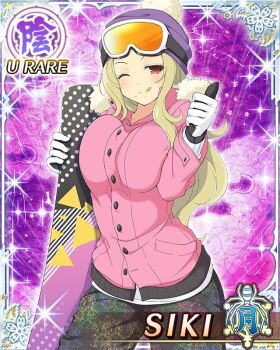 1girl :q beanie black_pants blonde_hair border breasts card_(medium) character_name closed_mouth coat game_cg gloves goggles goggles_on_head goggles_on_headwear hat holding_snowboard large_breasts long_hair looking_at_viewer middle_part mole mole_under_mouth official_art one_eye_closed pants parted_bangs pink_coat pom_pom_(clothes) pom_pom_beanie purple_hat red_eyes senran_kagura senran_kagura_new_wave shiki_(senran_kagura) smile solo third-party_source thumbs_up tongue tongue_out white_gloves winter_clothes winter_coat