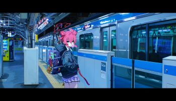 1girl badge bag blowing_bubble_gum blowing_bubbles blue_archive blue_eyes blue_jacket bright_pupils button_badge chewing_gum commentary cowboy_shot double_bun from_side true_velocity_rm338 hair_between_eyes hair_bun halo highres hood hooded_jacket jacket letterboxed long_sleeves maki_(blue_archive) multiple_unit_train outdoors pink_hair pleated_skirt red_halo sakatsuki_yakumo school_bag school_uniform shirt skirt solo standing tactile_paving train train_station train_station_platform turning_head white_pupils white_skirt