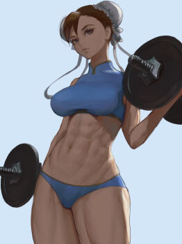 1girl abs breasts brown_eyes brown_hair bun_cover capcom chun-li crop_top double_bun dumbbell exercising hair_bun hair_ornament ignite_(artist) midriff muscular muscular_female navel panties solo street_fighter toned underwear weightlifting weights