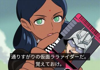 1girl bindi black_hair blonde_hair card char_aznable dark-skinned_female dark_skin double_bun dress green_eyes gundam gundam_gquuuuuux hair_bun helmet holding holding_card kamen_rider kamen_rider_dcd lalah_sune looking_at_viewer mask military military_uniform open_mouth parody rider_card robot short_hair solo syaparinton