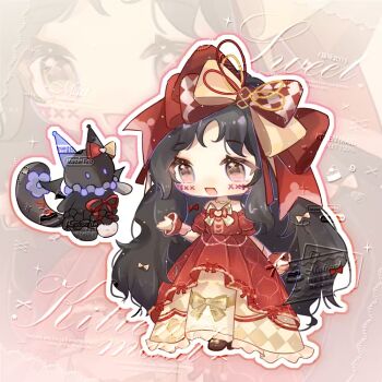 Rule 34 | 1girl, absurdly long hair, argyle bow, argyle bowtie, argyle clothes, argyle dress, black hair, bow, bowtie, brooch, brown eyes, brown shoes, chibi, chinese commentary, commentary request, crimson rhapsody (infinity nikki), downturned eyes, dress, esseling (infinity nikki), facepaint, felispirit sack (infinity nikki), footwear bow, frilled dress, frilled sleeves, frilled wrist cuffs, frills, hair bow, hair ribbon, happy, heart, heart brooch, high heels, hime lolita, infinity nikki, jewelry, lanlan zhi jiabing, large bow, layered dress, light blush, light particles, lolita fashion, long hair, looking ahead, multiple hair bows, nikki (series), off-shoulder dress, off shoulder, open mouth, outline, outstretched hand, pleated dress, puffy short sleeves, puffy sleeves, red bow, red bowtie, red dress, red ribbon, red wrist cuffs, ribbon, sample watermark, shoes, short sleeves, smile, sparkle, standing, too many watermarks, two-tone bow, two-tone bowtie, two-tone ribbon, very long hair, watermark, wavy hair, white outline, wrist cuffs, yellow background, yellow bow, yellow bowtie, yellow dress, yellow ribbon, zoom layer