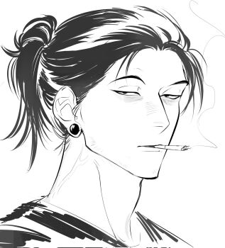 1boy 9enesiass alternate_hair_length alternate_hairstyle beard_stubble cigarette corrupted_twitter_file facial_hair getou_suguru greyscale hashtag-only_commentary highres jujutsu_kaisen male_focus monochrome mouth_hold plug_(piercing) ponytail portrait shirt short_hair smoking solo stubble