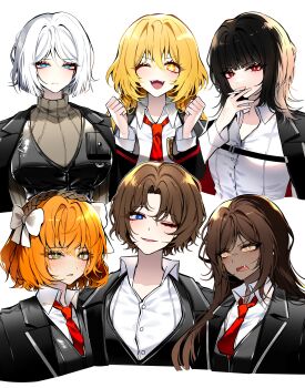 Rule 34 | 6+girls, absurdres, black hair, black vest, blonde hair, blue eyes, brown hair, brown sweater, cherry oux, collared shirt, don quixote (project moon), faust (project moon), freckles, green eyes, highres, ishmael (project moon), limbus company, long hair, multiple girls, necktie, one eye closed, open mouth, outis (project moon), parted bangs, parted lips, project moon, red necktie, rodion (project moon), ryoshu (project moon), shirt, short hair, smile, sweater, turtleneck, turtleneck sweater, very long hair, vest, white background, white hair, white shirt, wolf cut, yellow eyes