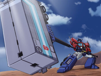 1boy autobot blue_eyes blue_sky canni_can commentary day english_commentary hammer highres holding holding_weapon humanoid_robot insignia machine machinery no_humans optimus_prime outdoors robot sky smokestack solo trailer transformers weapon wheel