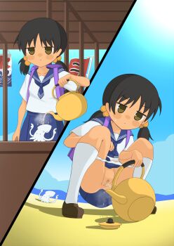 1girl absurdres backpack bag beach black_hair blue_skirt censored hair_bobbles hair_ornament highres kaai_yuki loli mosaic_censoring outdoors panties panty_pull pee_stain peeing public_indecency pussy school_uniform serafuku shoes skirt sky socks squid stained_panties teapot twintails udonko_(tinanago7715) underwear vocaloid white_panties