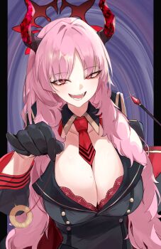 1girl absurdres black_gloves blue_archive bra breasts chankuro cleavage coin coin_on_string collarbone demon_horns detached_collar fangs gloves grey_jacket highres holding holding_pendulum holding_string horns hypnosis jacket lace lace_bra large_breasts long_hair looking_at_viewer military_jacket mind_control mole mole_on_breast necktie open_mouth pendulum pink_hair red_bra red_eyes red_horns red_necktie satsuki_(blue_archive) solo string underwear