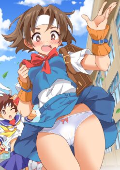 Rule 34 | 2girls, blue sailor collar, blue skirt, blue vest, blush, breasts, brown eyes, clothes lift, commission, cropped shirt, embarrassed, forehead protector, headband, highres, justice gakuen, kasugano sakura, looking at viewer, multiple girls, neck ribbon, neckerchief, one eye closed, open mouth, outdoors, panties, pantyshot, pixiv commission, red ribbon, ribbon, sailor collar, shimouki izui, shiritsu justice gakuen, shirt, short hair, skirt, skirt lift, small breasts, street fighter, street fighter zero (series), underwear, vest, wakaba hinata, white panties, white shirt, wind, wind lift, wrist guards, yellow neckerchief