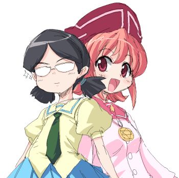 00s alterego behoimi black_hair dual_persona flat_chest glasses hat necktie oekaki onija_tarou pani_poni_dash! pink_hair pleated_skirt purple_eyes school_uniform serafuku short_hair short_twintails skirt twintails