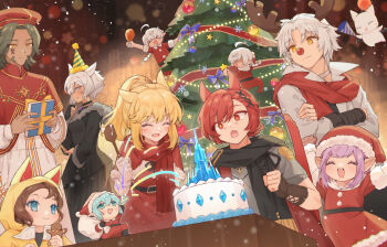 +_+ 4girls 5boys :d :o ^_^ animal_ears antlers black_choker black_scarf blonde_hair blue_eyes blue_hair blush brown_gloves brown_hair cake cat chibi choker christmas christmas_tree closed_eyes closed_mouth dark-skinned_male dark_skin deer_antlers dress facial_mark fang food fur-trimmed_dress fur-trimmed_sleeves fur_trim gingerbread_man gloves green_hair hair_ornament highres horns long_hair long_sleeves mini_person miniboy mochizuki_inochi multiple_boys multiple_girls open_mouth original parted_bangs pointy_ears ponytail purple_hair red_dress red_hair red_scarf santa_costume santa_dress scarf short_hair skin_fang smile teeth upper_body upper_teeth_only v-shaped_eyebrows white_choker white_hair x_hair_ornament yellow_eyes