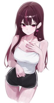 1girl absurdres bare_shoulders black_shorts breasts closed_mouth collarbone commentary_request cropped_legs dolphin_shorts earrings hand_on_own_chest highres jewelry jururu korean_commentary long_hair looking_at_viewer medium_breasts multicolored_hair purple_eyes purple_hair sei_(0724sei6) shirt short_shorts shorts simple_background sleeveless sleeveless_shirt solo streaked_hair thigh_gap thighs virtual_youtuber waktaverse white_background white_shirt