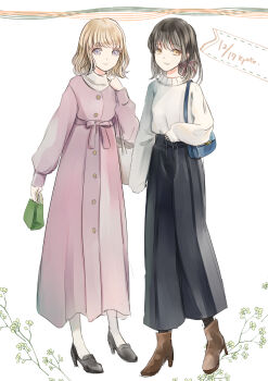 2girls alternate_costume bag black_ribbon black_socks blonde_hair blue_bag boots bow branch brown_hair buttons dress green_bag happy high_heels highres holding holding_bag long_dress long_sleeves maribel_hearn multiple_girls no_headwear poteimo_(poteimo622) puffy_long_sleeves puffy_sleeves purple_bow purple_dress purple_eyes purple_sash red_ribbon ribbon sash shirt sleeves_past_wrists smile socks touhou white_background white_bag white_socks