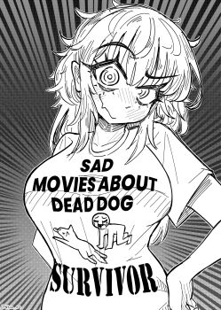 1girl @_@ abstract_background artist_name bags_under_eyes breasts clothes_writing commentary crying dog english_commentary english_text fang greyscale hand_on_own_hip highres large_breasts long_hair looking_at_viewer mimi_(nhim) monochrome nhim original raised_eyebrow shirt skin_fang t-shirt white_shirt