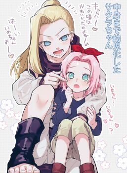 2girls :d :o absurdres arm_around_shoulder asako_(itiba) black_shirt blonde_hair blue_eyes boots bow commentary_request crying crying_with_eyes_open detached_sleeves earrings green_eyes hair_bow haruno_sakura highres jewelry long_hair long_sleeves lower_teeth_only multiple_girls naruto_(classic) naruto_(series) open-toe_boots open_mouth pink_hair ponytail red_bow shirt short_hair smile tears teeth time_paradox translation_request yamanaka_ino
