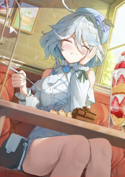 1girl absurdres ahoge alternate_costume blue_gem blue_hair blue_hat cake cake_slice closed_eyes closed_mouth commentary_request food fruit furina_(genshin_impact) gem genshin_impact hair_between_eyes hat highres holding holding_spoon indoors krux_(k_krux) long_hair multicolored_hair solo spoon strawberry streaked_hair white_hair