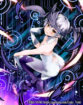 1girl black_thighhighs blush bodysuit closed_mouth gloves grey_hair highres looking_at_viewer lukyyuki medium_hair short_hair smile solo thighhighs thighhighs_over_bodysuit ulith_(wixoss) white_bodysuit white_gloves wixoss yellow_eyes