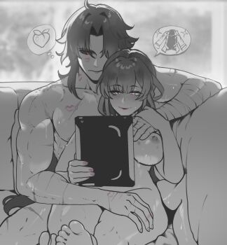 1boy 1girl affectionate afterglow aftersex bite_mark biting blade_(honkai:_star_rail) completely_nude couple cuddling hickey highres honkai:_star_rail honkai_(series) implied_after_sex ipad kafka_(honkai:_star_rail) lipstick_mark lying_on_person neck_biting nipples nude nyantcha sitting tablet_pc