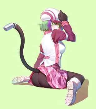 10s 1girl android arm_up ass black_gloves black_pantyhose cable cable_tail dimension_w female_focus gloves green_eyes green_hair hand_on_headwear hat highres juliet_sleeves long_sleeves looking_at_viewer looking_back matching_hair/eyes mechanical_tail multicolored_hair nian_(zhanian) panties panties_under_pantyhose pantyhose plug puffy_sleeves shirt sitting skirt solo streaked_hair tail underwear vest wariza yurizaki_mira