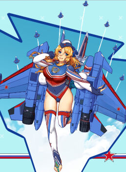 1girl aircraft airplane blonde_hair blue_eyes breasts fingerless_gloves full_body garrison_cap gloves hat highres jet large_breasts leotard long_hair long_sleeves looking_at_viewer mecha_musume military military_vehicle original personification smile solo star_(symbol) stirrup_legwear thighhighs toeless_legwear white_thighhighs z.s.w.