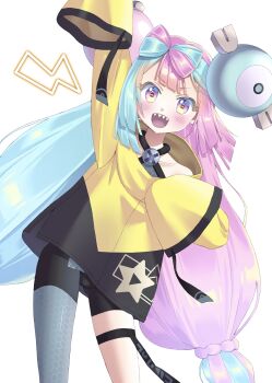 1girl :d absurdres arm_up bike_shorts blush bow-shaped_hair character_hair_ornament collarbone commentary_request criss-cross_halter gluteal_fold grey_shirt hair_ornament halter_shirt halterneck happy highres iono_(pokemon) lightning_bolt_symbol long_hair nintendo open_mouth pantyhose pantyhose_under_shorts partial_commentary pink_hair pokemon pokemon_sv revision saturunakagi shirt shorts single_leg_pantyhose smile solo star_(symbol) star_print teeth thigh_strap twintails upper_teeth_only white_background