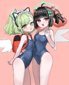 2girls :3 absurdres alternate_costume animal_ear_hairband animal_ears arm_behind_back bag bare_shoulders black_hair blue_one-piece_swimsuit blush bow breasts cat_ears colored_inner_hair covered_navel fake_animal_ears green_bow green_eyes green_hair hair_bow hair_ornament hairband hairclip halo highres ishiro loli looking_at_another looking_at_viewer maid_headdress multicolored_hair multiple_girls nangong_yu one-piece_swimsuit open_mouth pink_background pink_hair red_eyes school_swimsuit simple_background small_breasts smile smug sunna_(zenless_zone_zero) swimsuit twintails v white_wings wings zenless_zone_zero