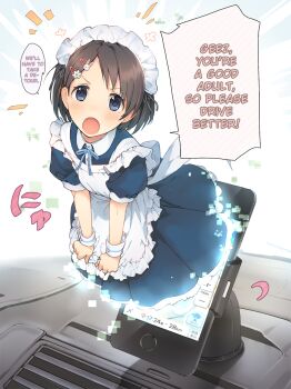 >:o 10s 1girl :o air_conditioner alternate_costume apron backlighting black_hair black_ribbon blue_dress blue_eyes blue_ribbon blush buttons cellphone collared_dress day digital_dissolve dress emphasis_lines enmaided female_focus flower frilled_dress frills glowing hair_flower hair_ornament hair_ribbon hairclip hard-translated highres idolmaster idolmaster_cinderella_girls looking_at_viewer maid maid_apron maid_headdress neck_ribbon open_clothes open_mouth parted_bangs phone puffy_short_sleeves puffy_sleeves rabbit_hair_ornament ribbon sasaki_chie short_hair short_sleeves smartphone solo speech_bubble sunlight talking tareme teiryoku_lolita third-party_edit time v-shaped_eyebrows waist_apron wrist_cuffs