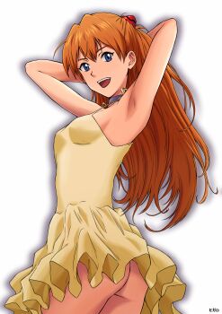 1girl absurdres arms_up ass black_choker blue_eyes breasts choker cowboy_shot dress from_side gluteal_fold highres huge_filesize interface_headset_(evangelion) long_hair looking_at_viewer neon_genesis_evangelion open_mouth orange_hair simple_background sleeveless sleeveless_dress small_breasts smile souryuu_asuka_langley standing teeth tokai upper_teeth_only variant_set very_long_hair white_background yellow_dress