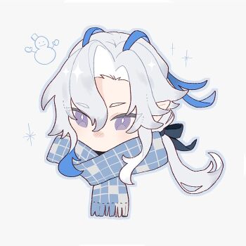 Rule 34 | 1boy, black ribbon, blue eyes, blue hair, blue scarf, commentary request, diamond-shaped pupils, diamond (shape), genshin impact, hair ribbon, highres, kouichirou, long hair, male focus, neuvillette (genshin impact), parted hair, plaid clothes, plaid scarf, pointy ears, ribbon, scarf, simple background, snowman, solo, symbol-shaped pupils, white background, white hair