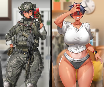 1girl absurdres ammunition_pouch assault_rifle black_hair blurry blush breasts brown_gloves bulletproof_vest calvin_klein cameltoe camouflage camouflage_jacket camouflage_pants clock collarbone combat_helmet commentary couch covered_erect_nipples daewoo_k1 depth_of_field ear_protection fang fingernails flashlight gloves grey_panties gun gun_sling hair_between_eyes hand_up helmet highres hitch_(perotoss) huge_breasts indoors jacket laser_sight load_bearing_vest long_sleeves looking_at_phone magazine_(object) microphone military mirror mirror_selfie open_mouth optical_sight paid_reward_available panties pants phone plant potted_plant pouch rifle selfie sergeant_joo sharp_teeth shirt short_hair short_sleeves skin_fang sleeves_rolled_up slit_pupils smile solo suppressor tan tanline teeth underwear vertical_foregrip watch weapon white_shirt wristband yellow_eyes