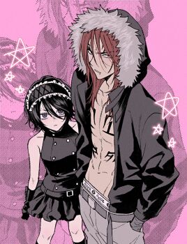 Rule 34 | 1boy, 1girl, abarai renji, abs, amugonagurim, bare shoulders, belt, black belt, black dress, black gloves, black hair, black hairband, black jacket, black socks, bleach, breasts, chest tattoo, cowboy shot, dress, eyebrow piercing, face piercing, facial tattoo, frilled hairband, frills, fur-trimmed jacket, fur trim, furrowed brow, gloves, grey pants, hair between eyes, hairband, hand in pocket, highres, hood, hood up, hooded jacket, jacket, kuchiki rukia, lip piercing, lip ring, long hair, looking at viewer, male underwear, medium breasts, midriff, open clothes, open jacket, pants, parted lips, piercing, pink background, purple eyes, red hair, short dress, short hair, sleeveless, sleeveless dress, socks, tattoo, underwear