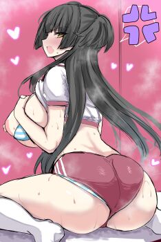 absurdres black_hair blush bra breasts buruma embarrassed gym_shirt gym_uniform highres idolmaster idolmaster_shiny_colors large_breasts long_hair looking_at_viewer looking_back mayuzumi_fuyuko nipples on_floor open_mouth panties panty_peek red_buruma rihito_akane shirt sitting striped_bra striped_clothes striped_panties underwear yellow_eyes