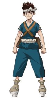 1boy bag blue_pants brown_eyes brown_hair chrome_(dr._stone) clenched_hands closed_mouth collarbone dr._stone full_body headband highres iwasa_yuuko looking_at_viewer male_focus official_art pants rope short_sleeves smile solo spiked_hair standing white_background white_headband