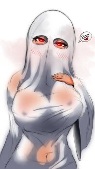 1girl arm_at_side blush breasts clothes_lift commentary covered_erect_nipples covered_navel degenerateomni english_commentary english_text fefe_(vtuber) female_focus heart heart-shaped_pupils highres indie_virtual_youtuber large_breasts looking_at_viewer naughty_face no_bra red_eyes robe sheet_ghost shirt_lift simple_background sleeves_past_wrists solo speech_bubble symbol-shaped_pupils taut_clothes upper_body variant_set virtual_youtuber white_background white_robe