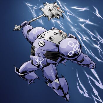 1boy armor blue_armor blue_background chain_print clenched_hand clenched_teeth electricity hatemace hatemonger_(space_king) highres holding holding_mace holding_weapon imminent_attack looking_at_viewer mace power_armor scowl sethklock simple_background smile solo space_king teeth weapon