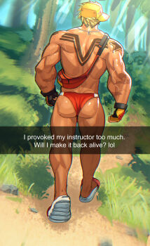 1boy arima_(arima_bn) ass back_tattoo bara baseball_cap blonde_hair broad_shoulders caption english_text fanny_pack fingerless_gloves forest gloves hat highres luke_sullivan male_focus male_swimwear muscular muscular_male nature official_alternate_skin_color red_male_swimwear sandals scar scar_on_arm shiny_skin shoulder_tattoo solo street_fighter street_fighter_6 swim_briefs tan tattoo thick_thighs thighs topless_male veins veiny_arms yellow_hat
