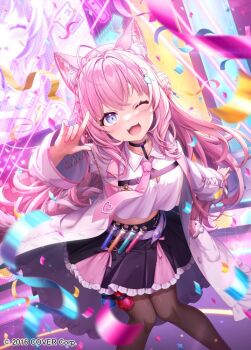 ;d animal_ears antenna_hair belt belt_pouch black_choker black_pantyhose black_skirt braid braided_bun breasts button_gap chest_belt choker cleavage coat collared_shirt commentary_request concert confetti copyright_notice crop_top crop_top_overhang cropped_shirt cross-laced_clothes cross-laced_sleeves crossed_bangs crown_braid double-parted_bangs double_bun fang frilled_coat frilled_skirt frills hair_bun hakui_koyori hakui_koyori_(1st_costume) hand_up hexagon_hair_ornament hololive knees_together_feet_apart lab_coat lapels large_breasts long_hair long_sleeves looking_at_viewer miniskirt motion_blur nail_polish necktie notched_lapels official_art one_eye_closed open_mouth pantyhose para_sitism pink_hair pink_nails pink_necktie pleated_skirt pouch purple_eyes shirt sidelocks skirt smile straight-on tail test_tube thigh_pouch thigh_strap very_long_hair vial virtual_youtuber wavy_hair white_belt white_coat white_shirt wide_sleeves wolf_ears wolf_girl wolf_tail