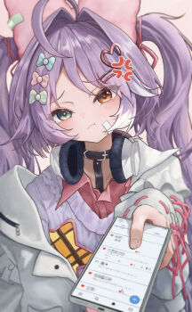 Rule 34 | 1girl, absurdres, ahoge, anger vein, aray 1010, bandaid, bandaid on face, black choker, blue bow, blue eyes, bow, bun cover, cellphone, choker, collared shirt, commentary request, double bun, green bow, hair bow, hair bun, hair ornament, hair ribbon, hairclip, headphones, headphones around neck, heart, heart hair ornament, highres, holding, holding phone, jacket, korean commentary, korean text, multiple hair bows, parallel hairclips, phone, pink bow, pink ribbon, pink shirt, pout, purple hair, purple sweater, ribbon, shirt, solo, stellive, sweater, tenko shibuki, twintails, virtual youtuber, white jacket, yellow eyes
