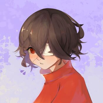 1girl alternate_costume another black_hair blue_picmi blush cloak eyepatch hair_between_eyes highres looking_at_viewer medical_eyepatch misaki_mei one_eye_covered red_cloak red_eyes short_hair solo